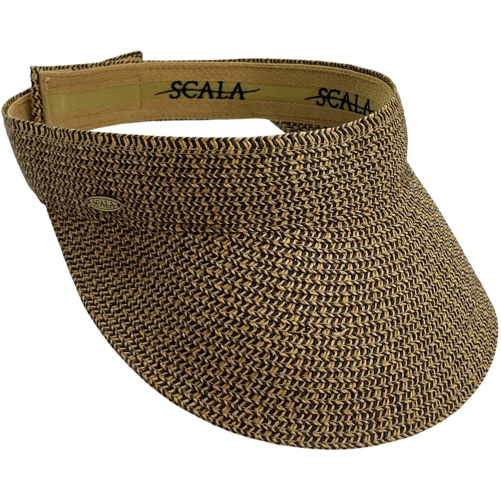 Scala Women Tan Black Woven Paper Straw Sun Visor Adjustable Wide Brim Hat